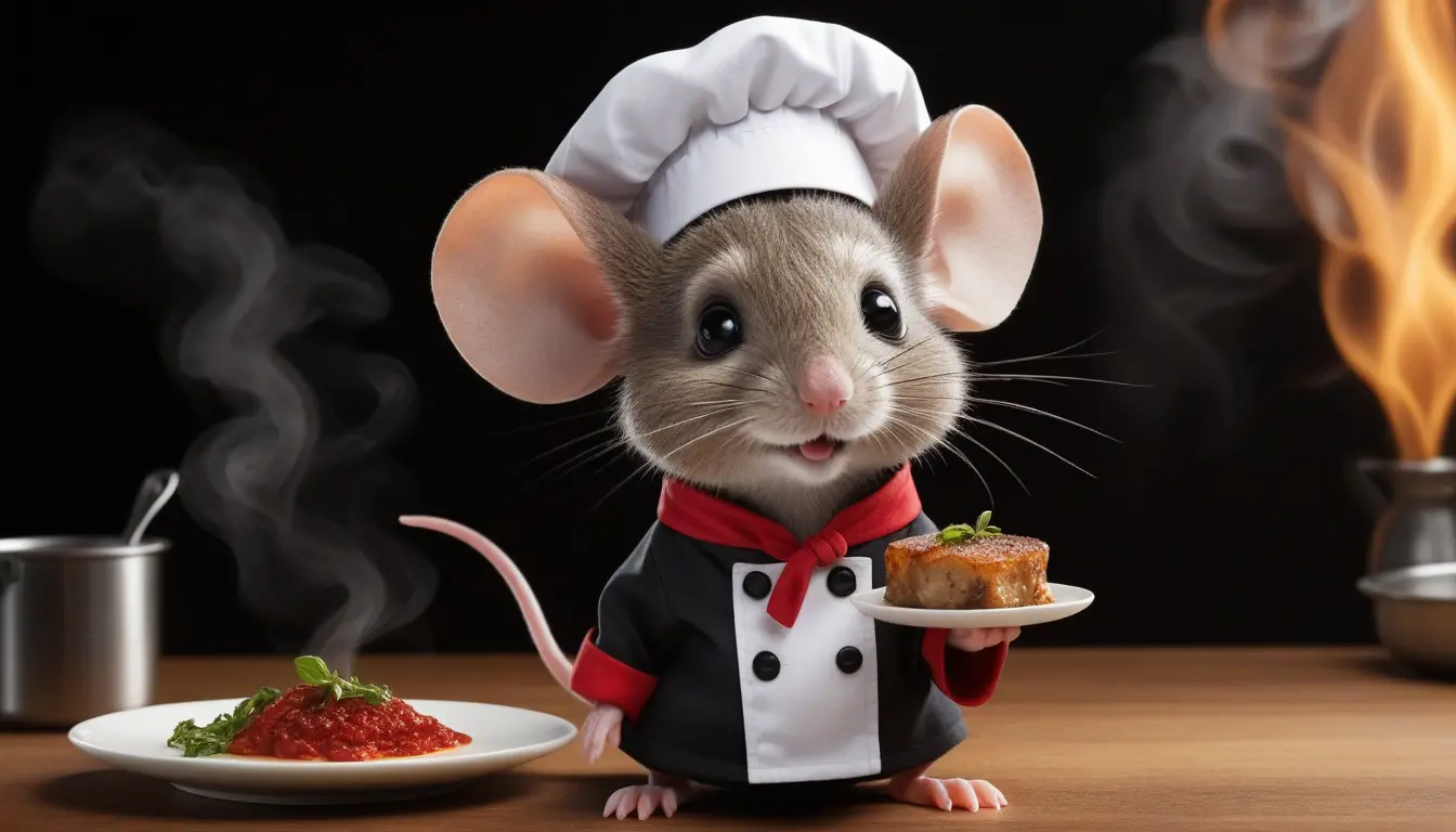 Cute mouse chef holding a steaming entree in uniform