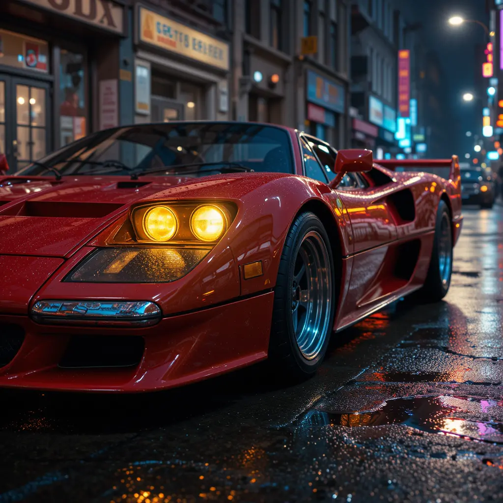 Roofless vintage hypercar with neon lights at night