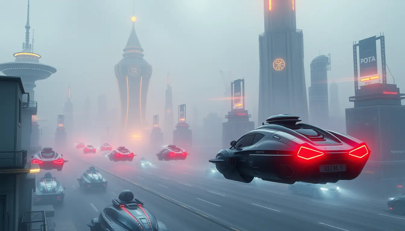Futuristic city skyline with flying cars and robots