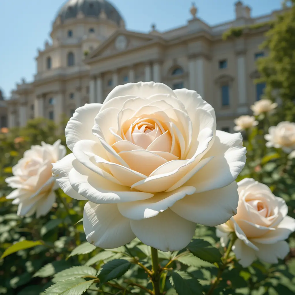 White roses in front of a classical domed building