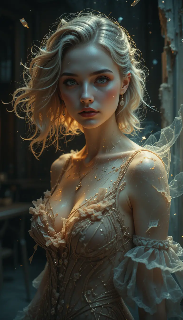 Elegant woman in golden light against shattered darkness