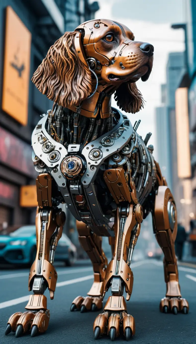 Mechanical android dog attacking a futuristic cyberpunk city