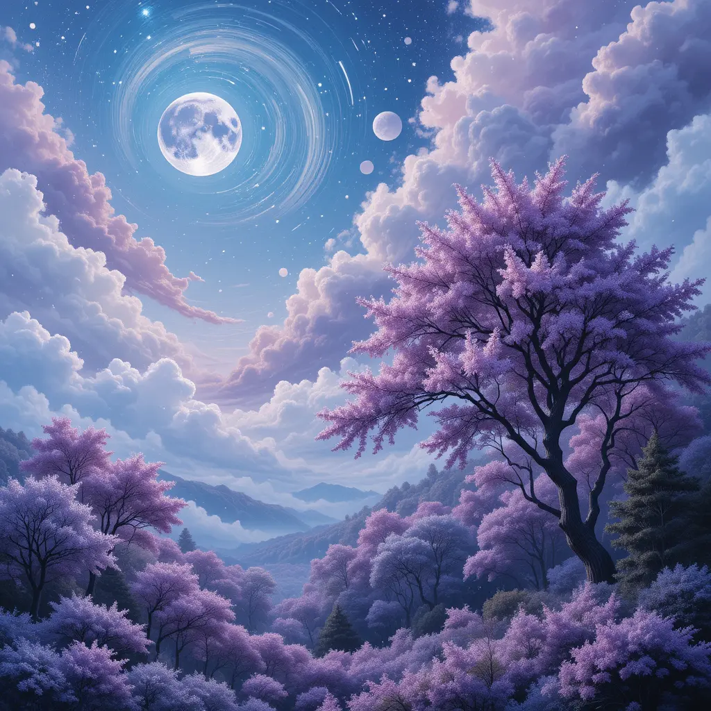 Fantasy landscape with lilac trees and distant forest moon