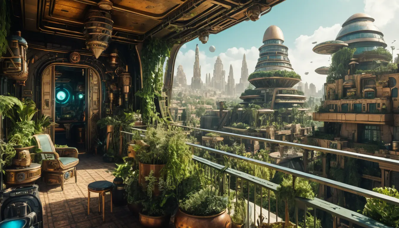Futuristic green city view from a balcony with spaceships