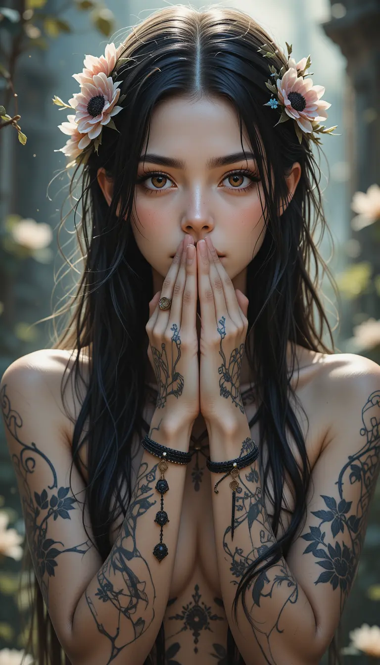 Thoughtful tattooed girl with flowers in wet black hair