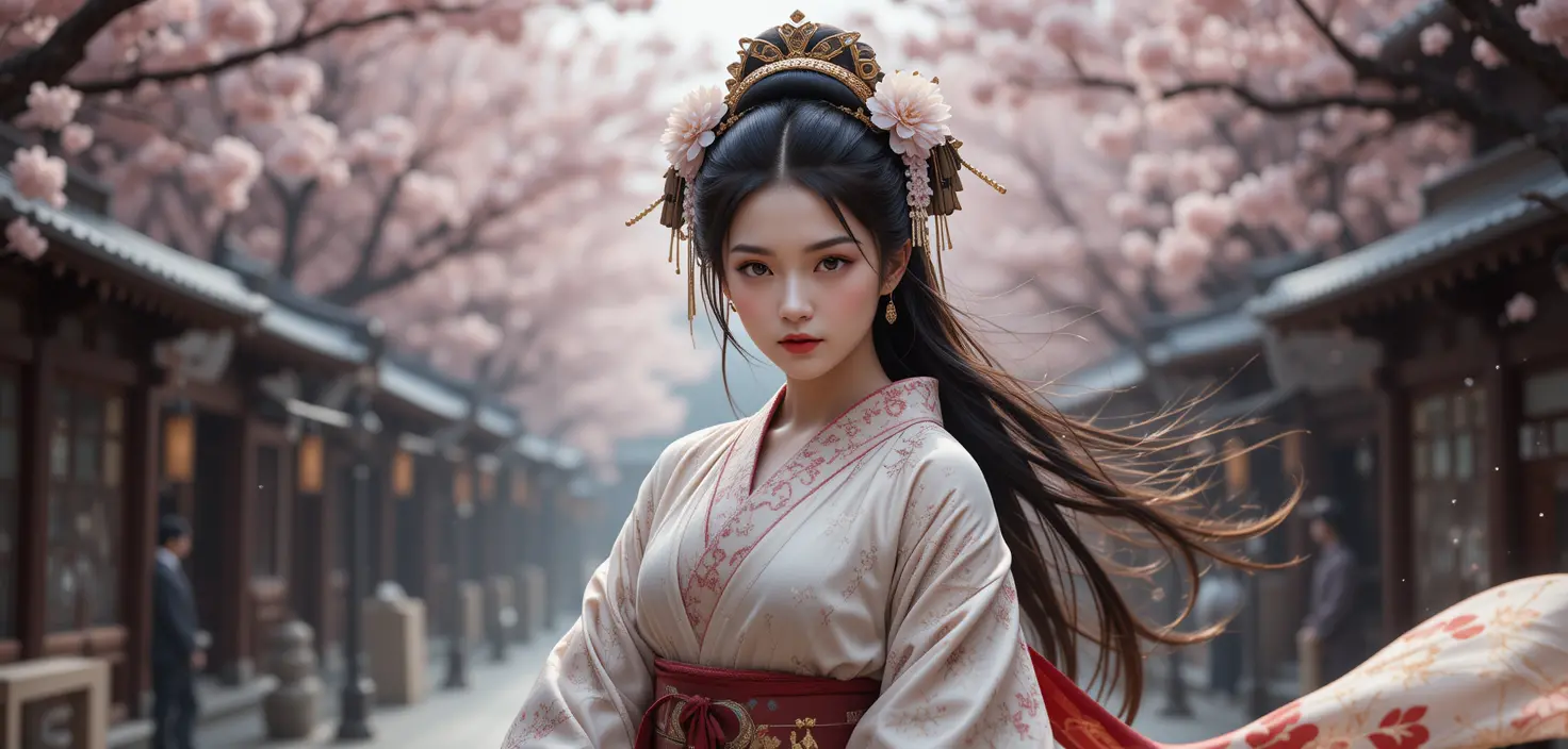 Geisha samurai woman in ancient Kyoto street
