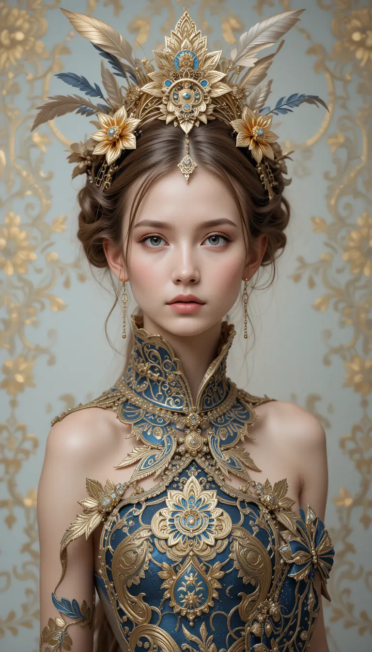 Young woman in ornate gold and blue dress portrait