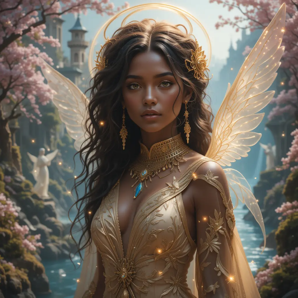African fantasy woman with glowing golden angelic aura