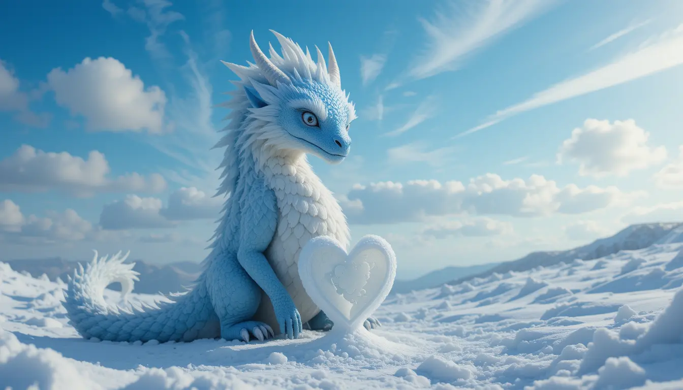 Gentle blue dragon in a tranquil winter wonderland