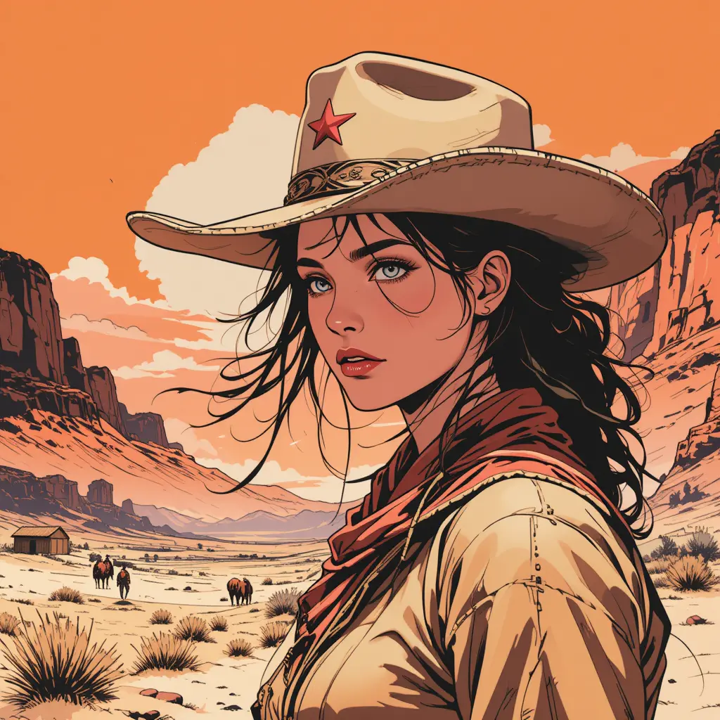 Western graphic novel scene of a strong woman hero