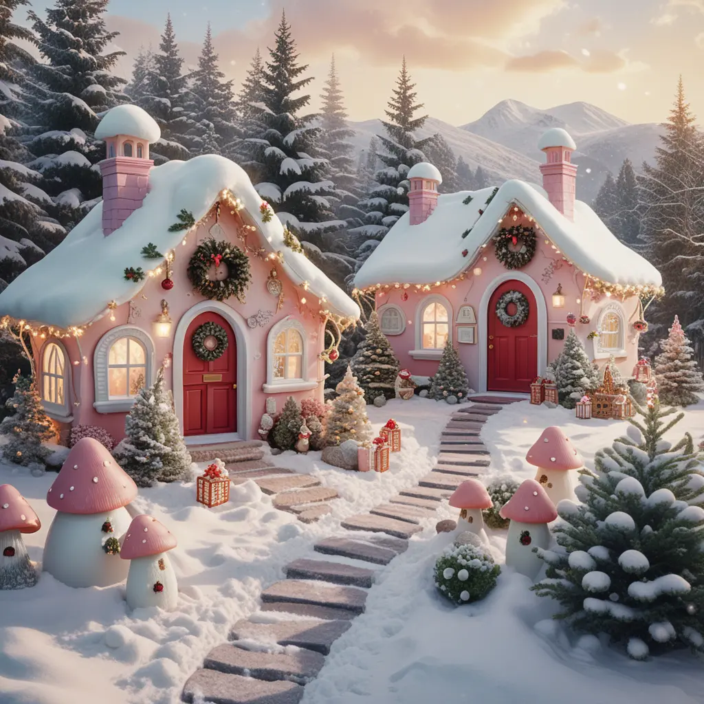 Whimsical Christmas Village Of Strawberry Roof Gnome Houses