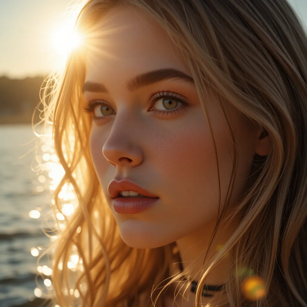 Blonde young woman portrait glowing in bright sunlight