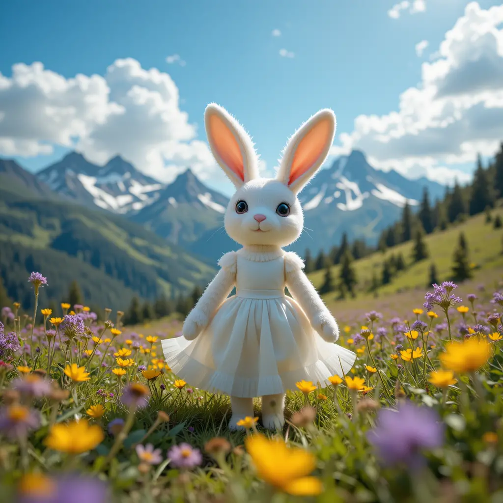 White rabbit plush in a dreamy mountain meadow
