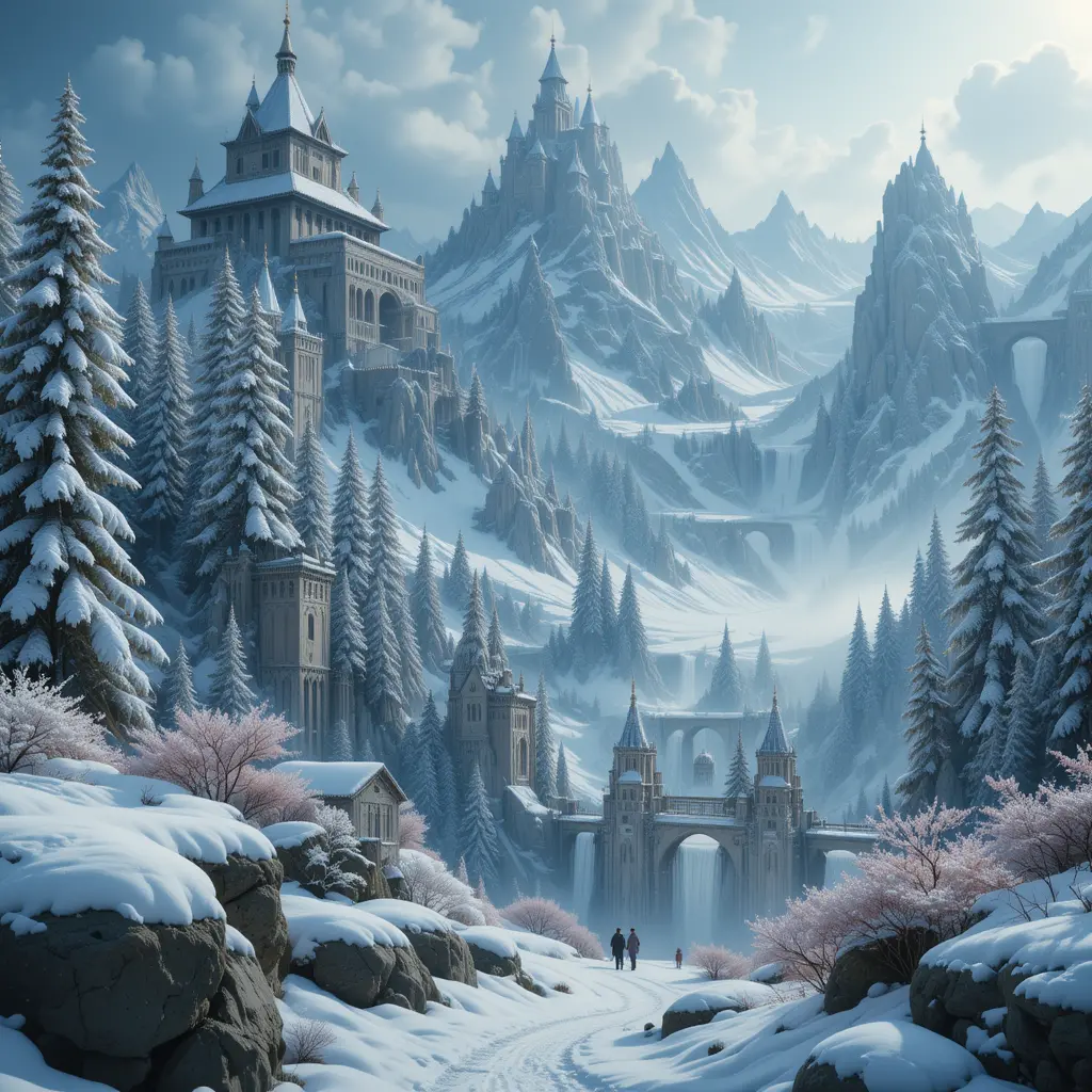 Fantasy winter landscape in magical snowy mountains
