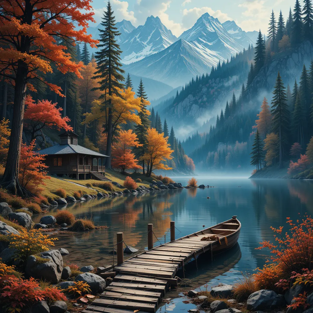 Mountain forest cabin by a reflective lake in autumn