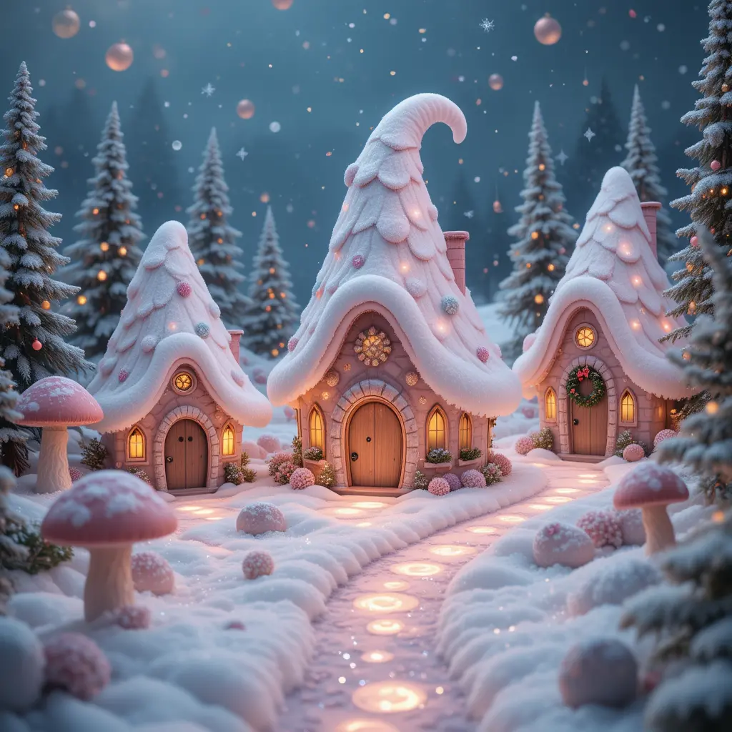 Whimsical Christmas Gnome Houses In Snowy Pink Village