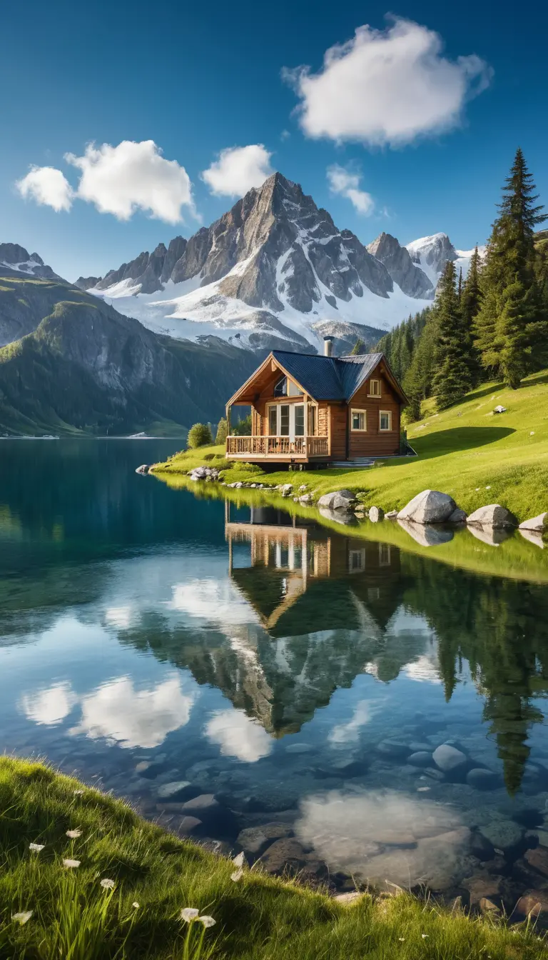 Serene Alpine Lake Reflecting Snow Capped Mountain Peaks