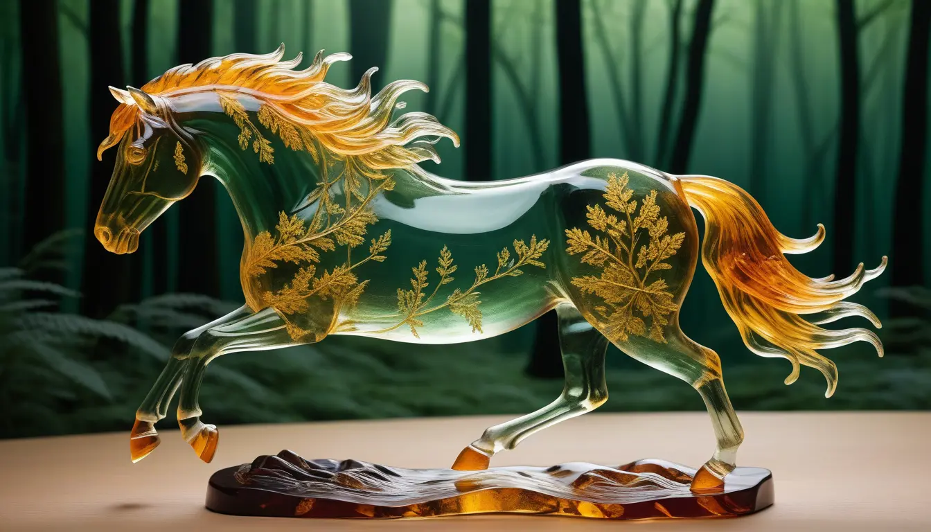 Amber horse running through a mystic green forest