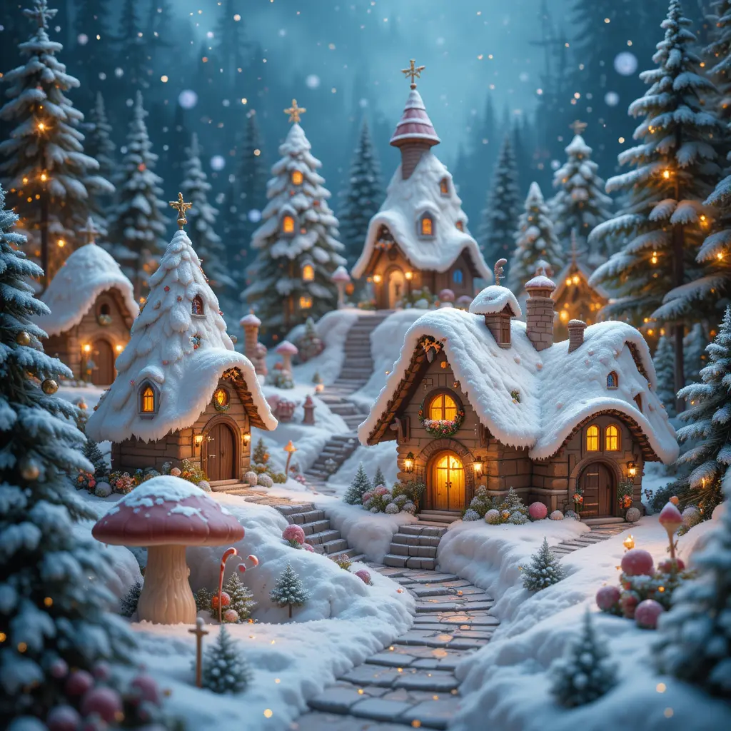 Whimsical Christmas gnome houses in a snowy village