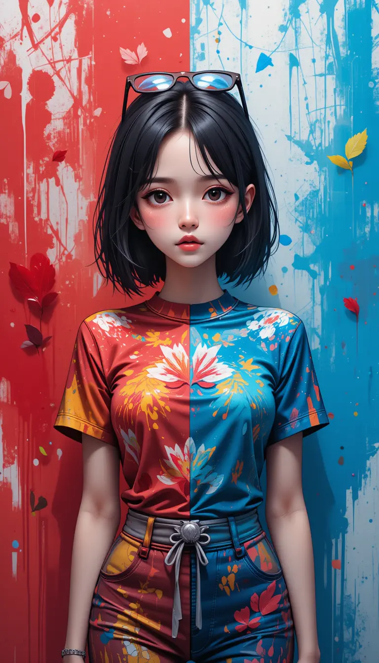 Anime girl in colorful abstract red and blue background