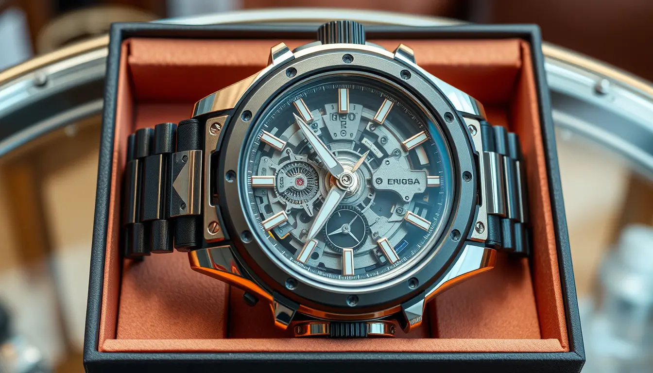 Futuristic wristwatch bracelet on glass table display