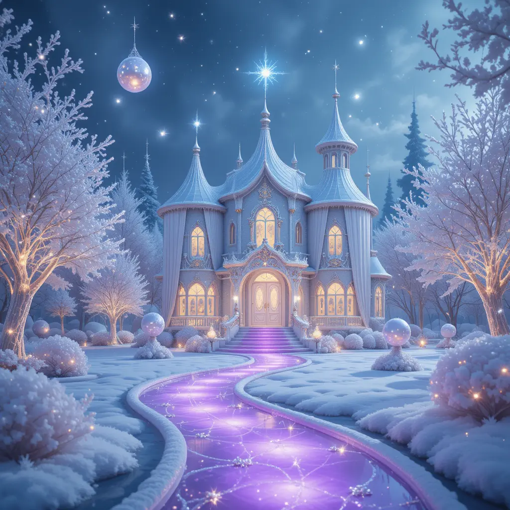Enchanted fantasy house in a crystal winter landscape