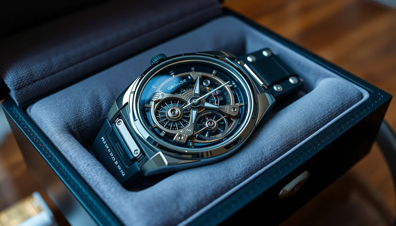 Futuristic wristwatch with exposed mechanism on glass table