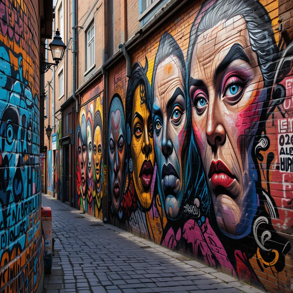 Vibrant graffiti faces on rustic urban alley wall