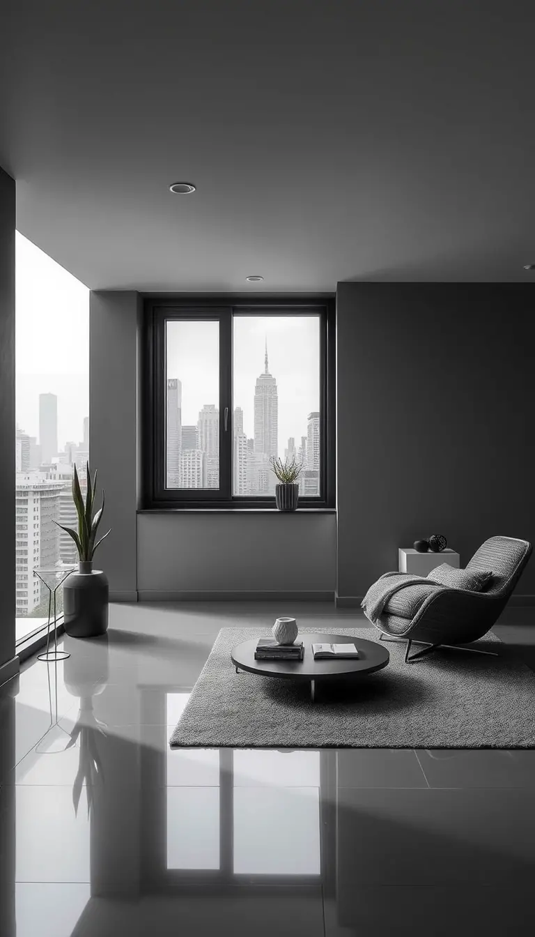 Minimalist monochrome living room with city view window