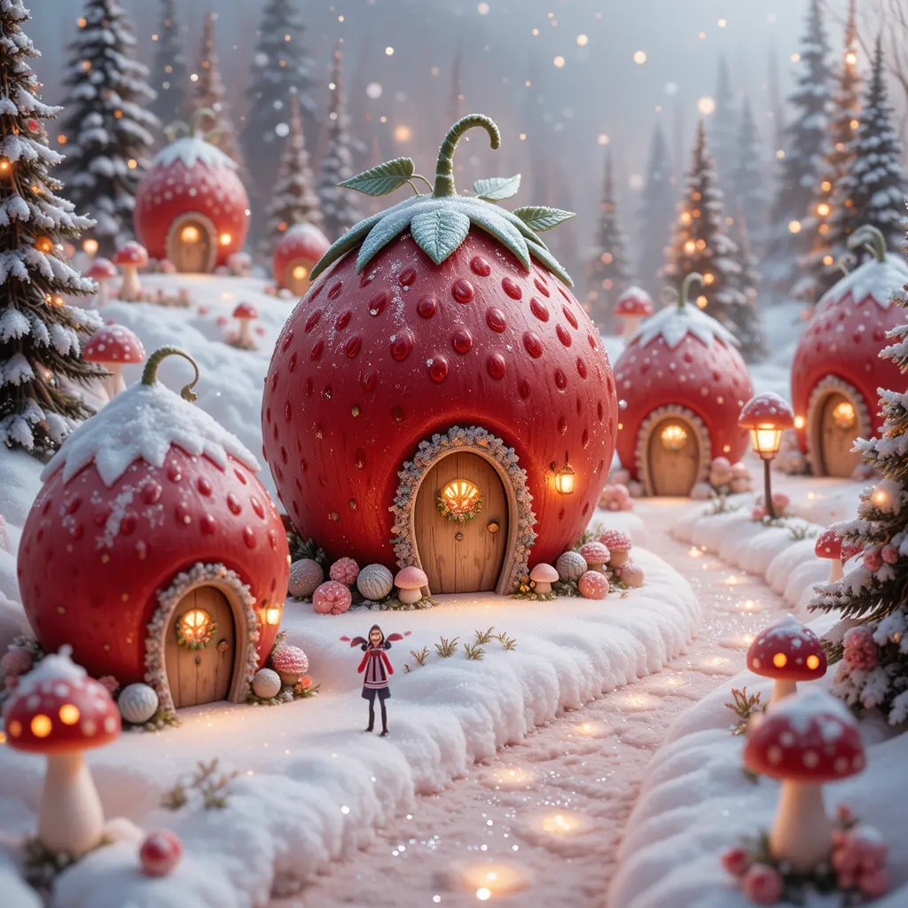 Whimsical Strawberry Roof Christmas Houses In Snowy Village