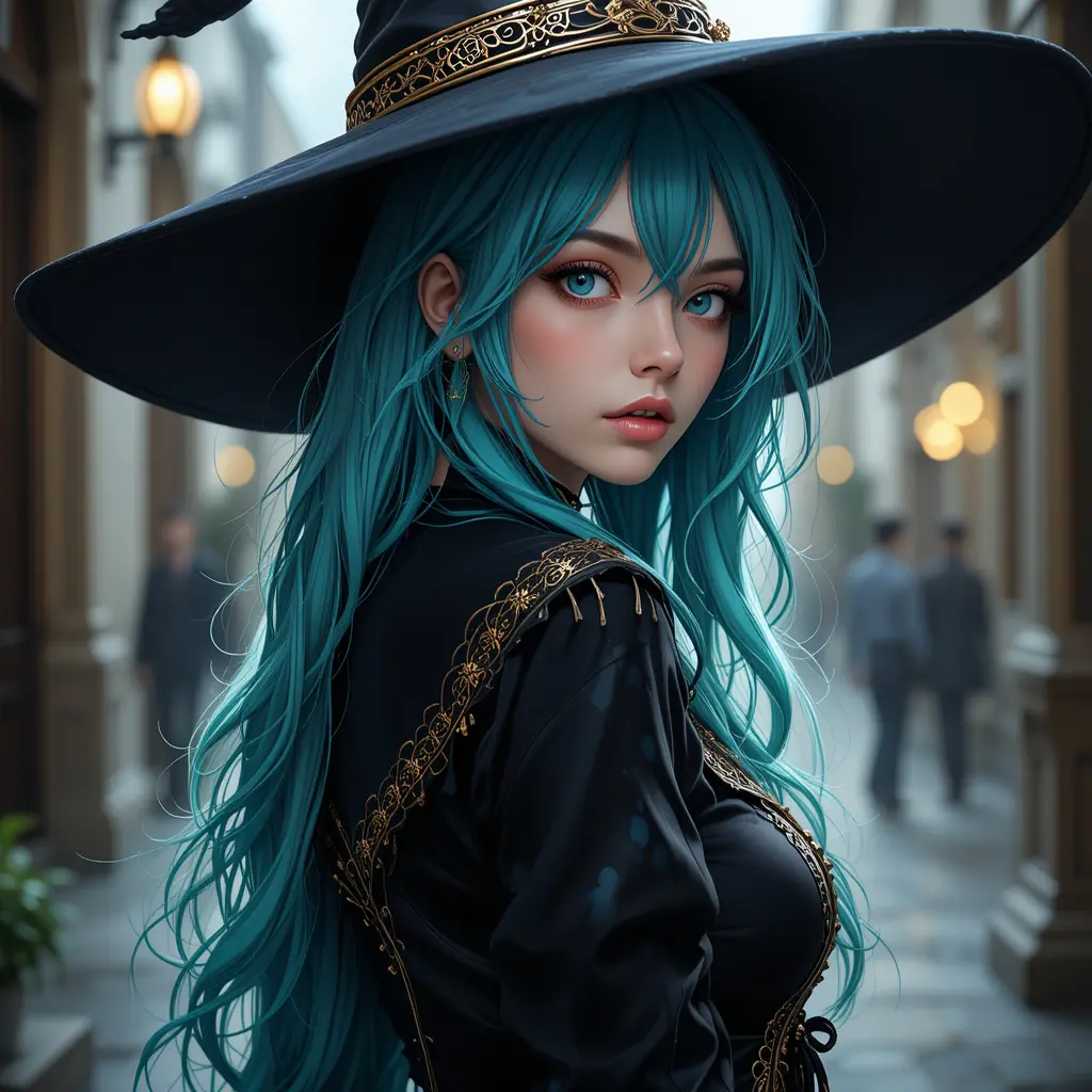 Anime witch girl in dark gothic outfit looking back