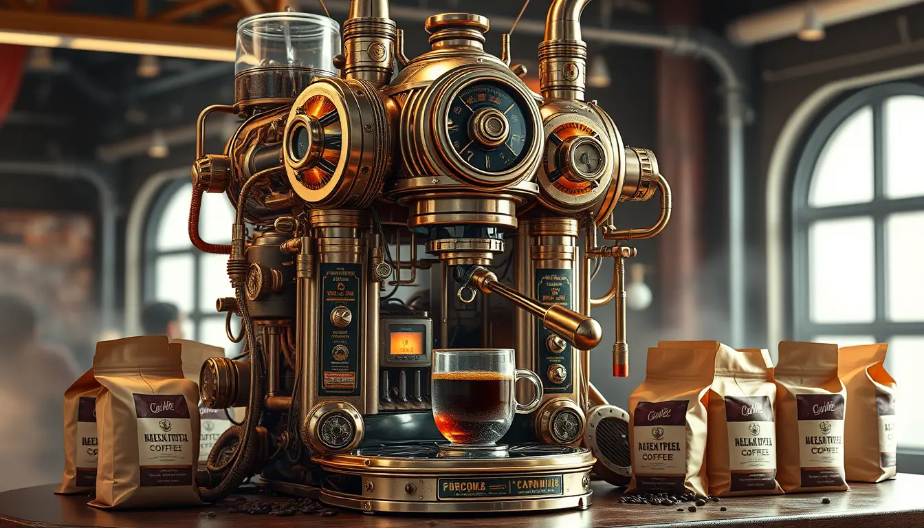 Futuristic steampunk coffee machine with bags of coffee