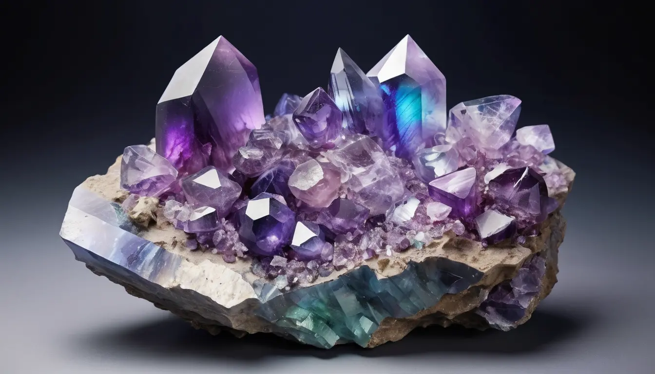 Purple quartz fluorite crystal with metallic iridescent colors