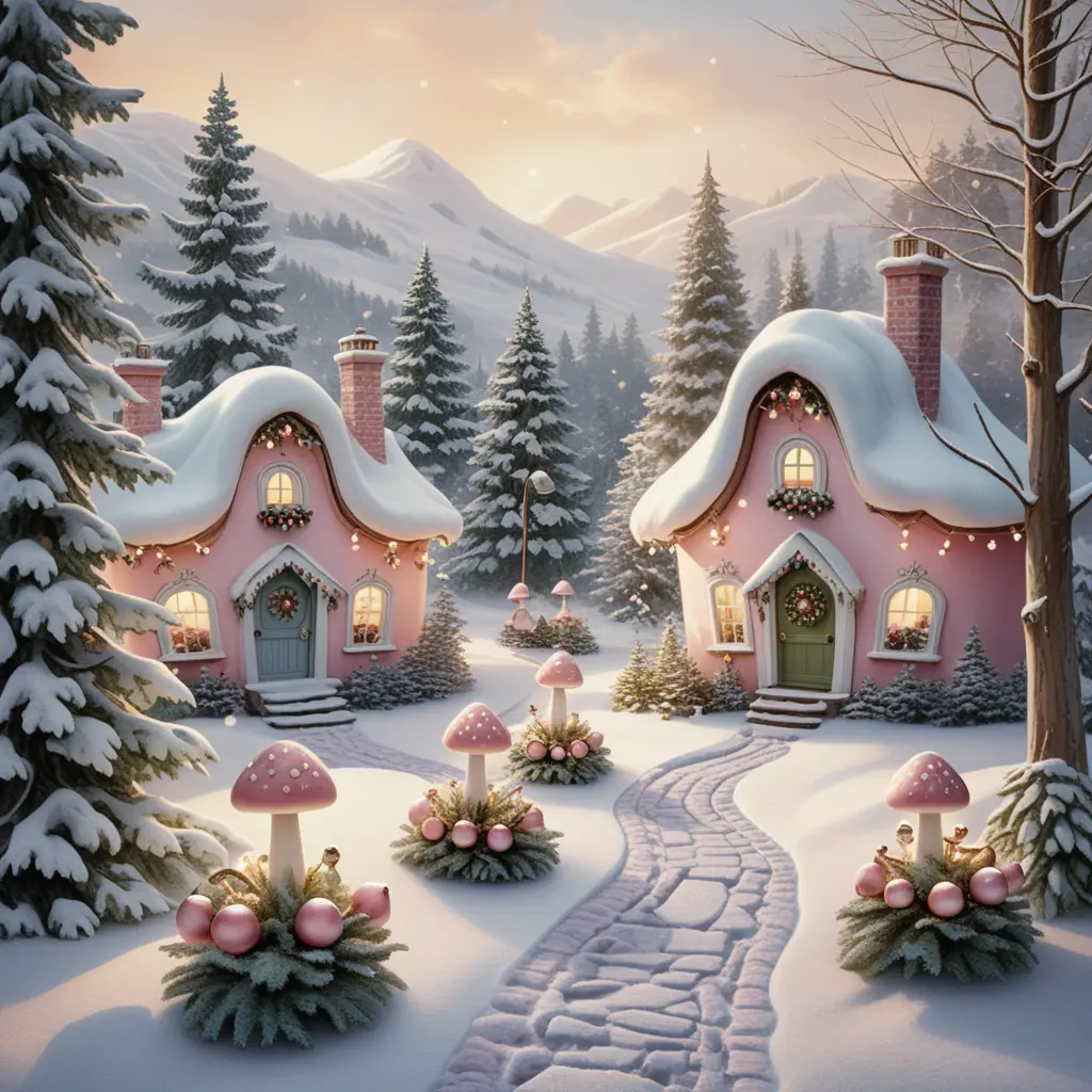 Whimsical Christmas gnome houses in snowy strawberry village