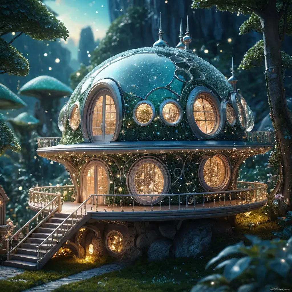 Futuristic fairy tale house blending nature and technology