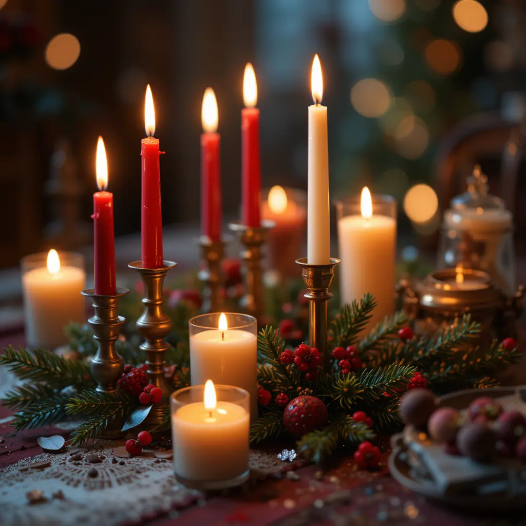 Romantic holiday table with glowing candles close up