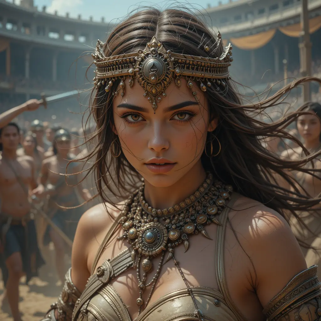 Ancient warrior woman fighting for her life in deadly arena