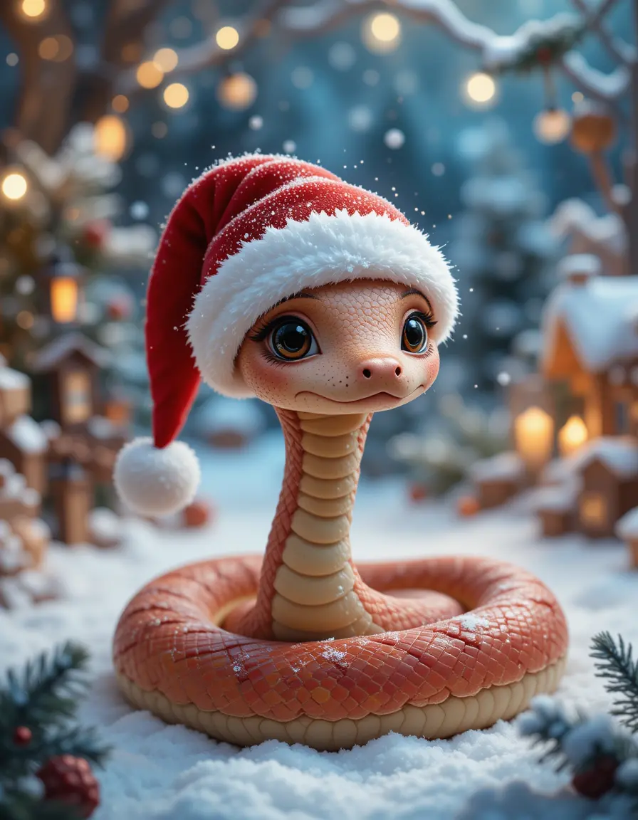 Festive Snake In Santa Hat Amid Winter Holiday Lights