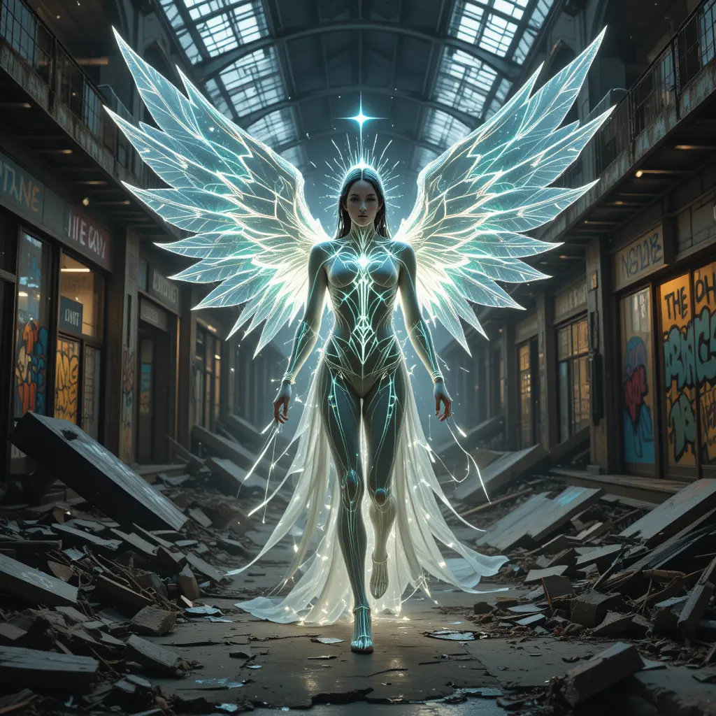 Crystal winged figure walking through ruined neon mall