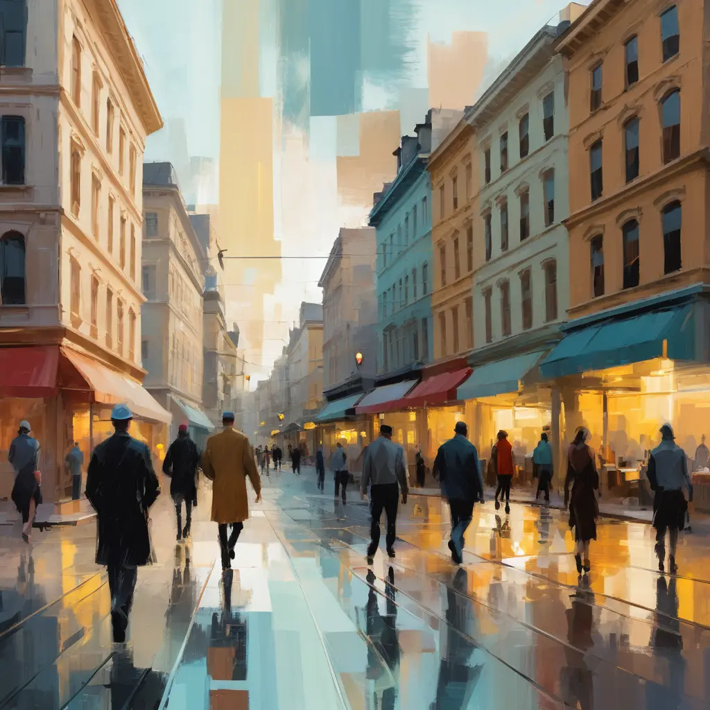 Dynamic digital painting of a crowded urban city square