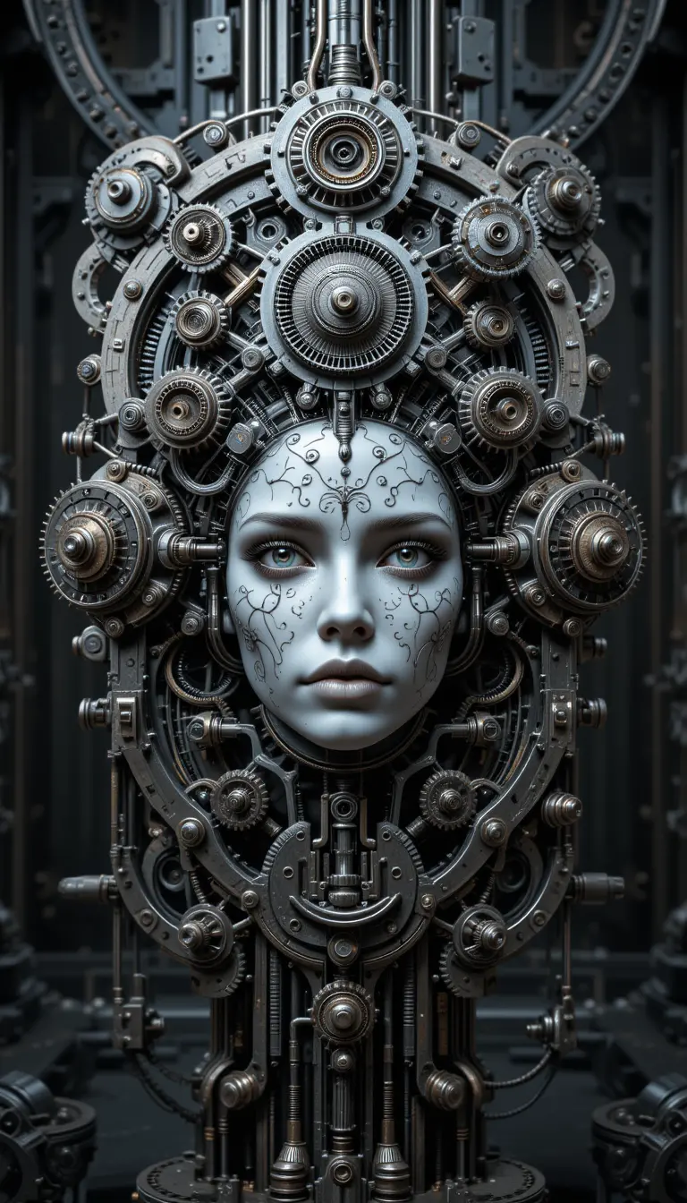 Surreal 3D woman face formed from intricate mechanical gears