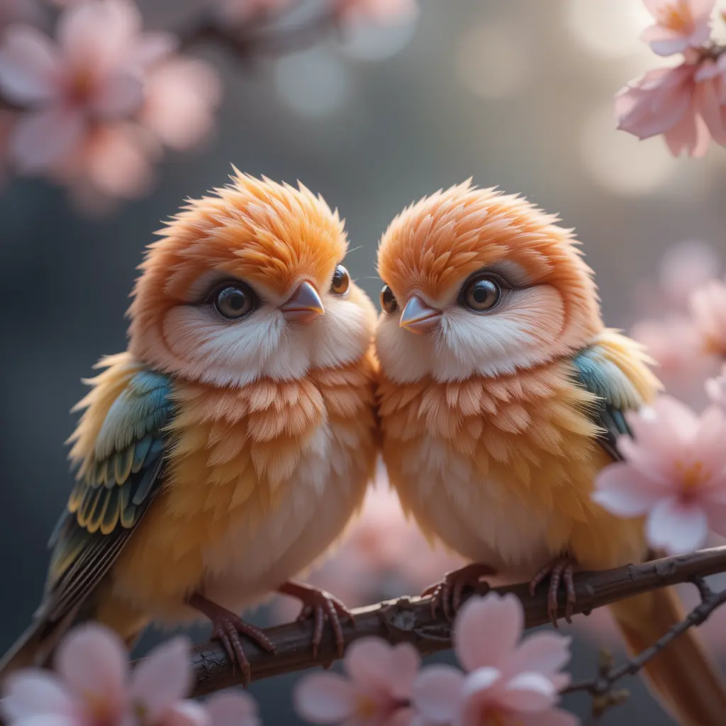 Colorful smiling birds among soft cherry blossom blooms