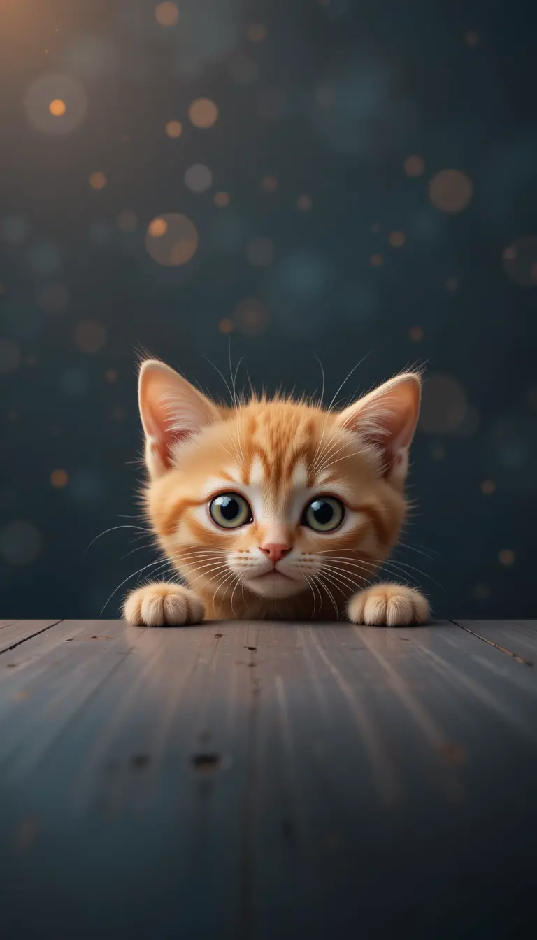 Cute orange kitten peeking over a simple dark background
