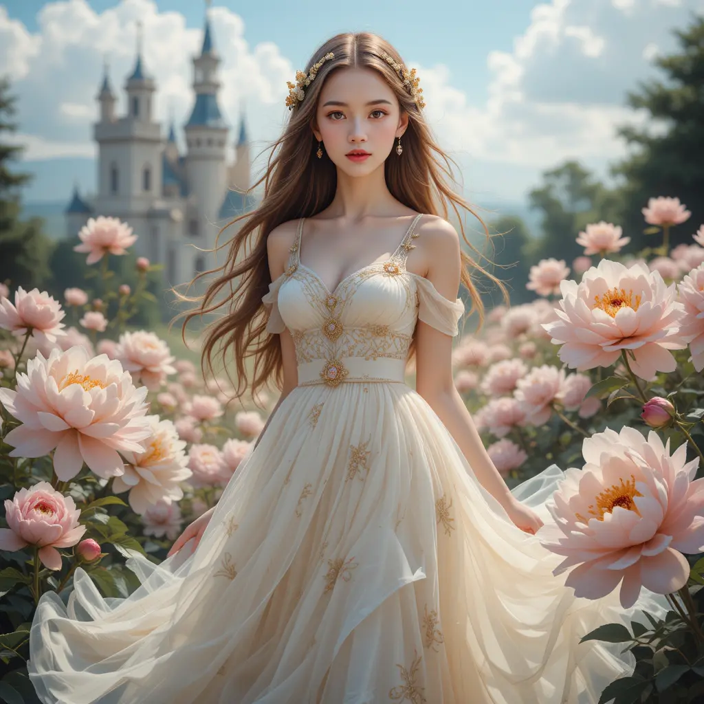 Full length portrait of a girl before a castle