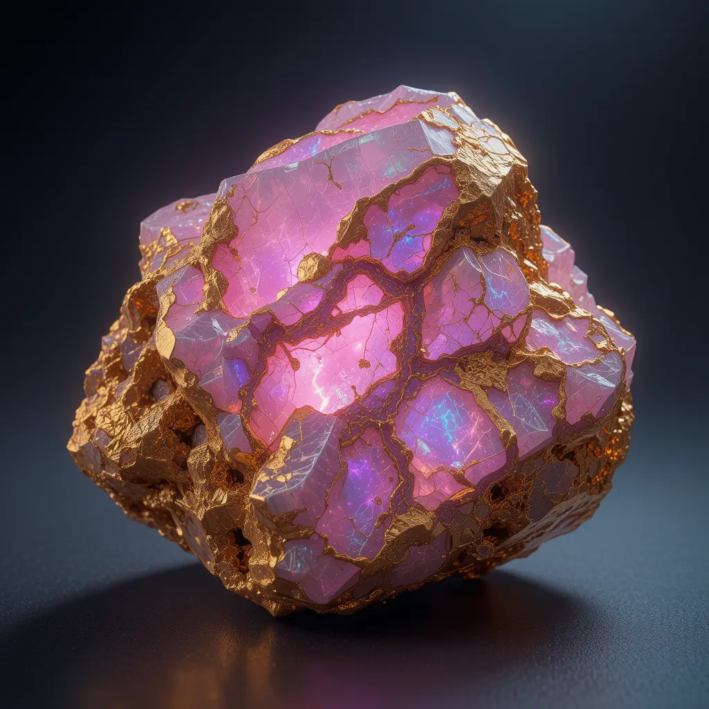 Glowing golden mineral with iridescent pink aurora highlights