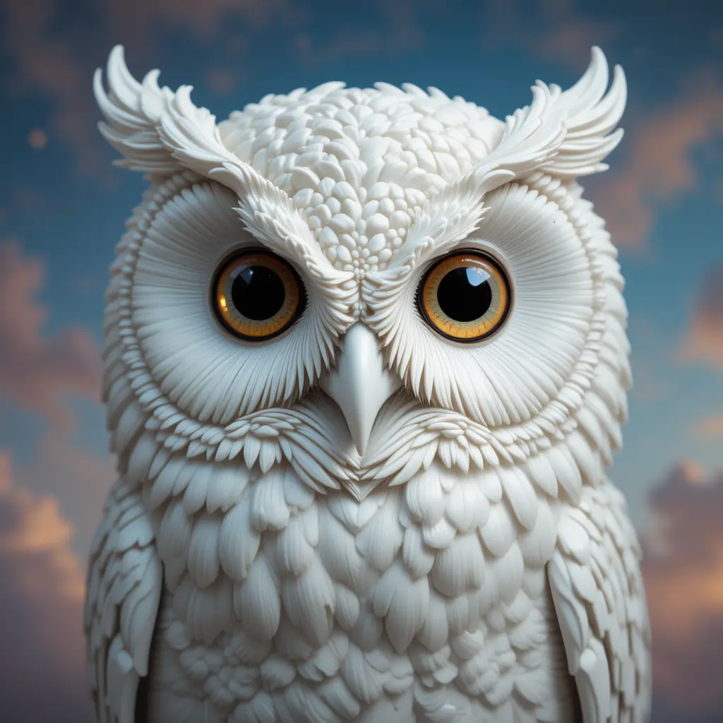 Mystical porcelain owl close up against a beautiful sky