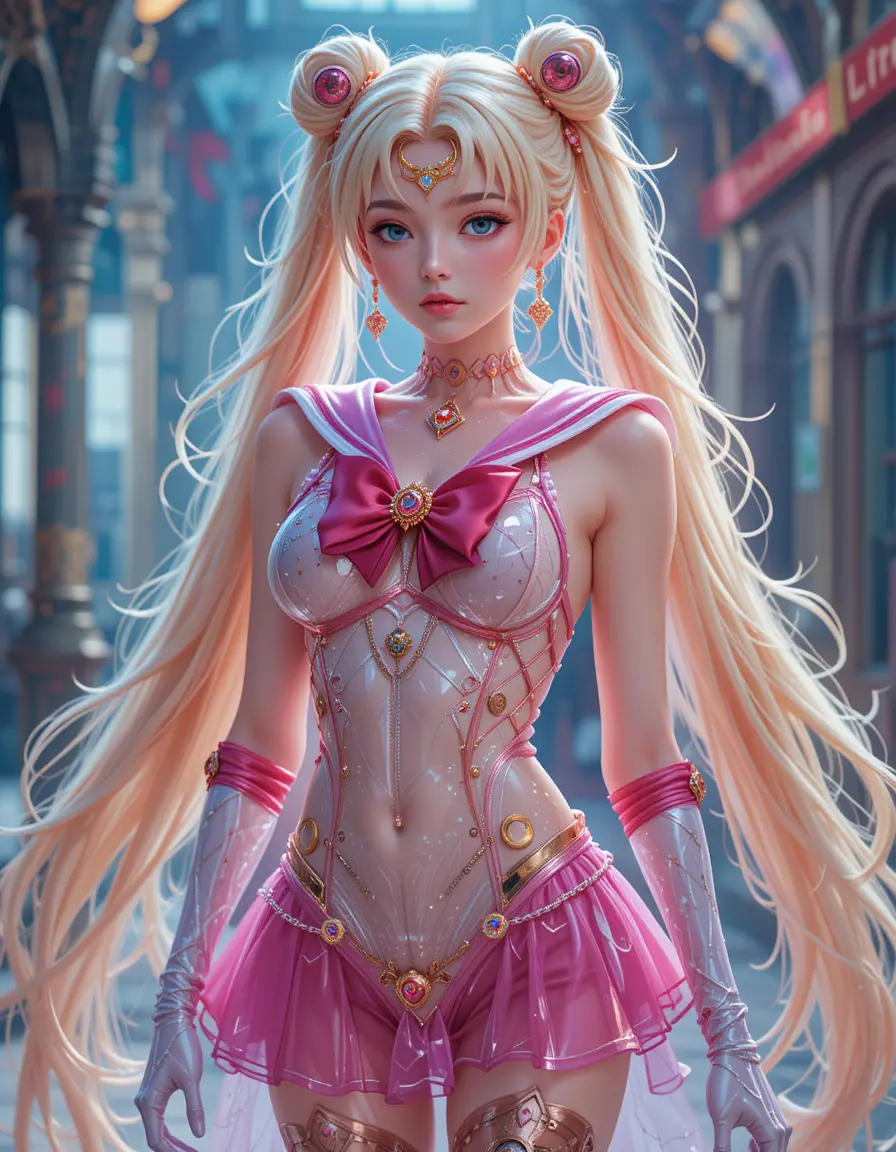 Sci fi woman in transparent futuristic cosplay costume