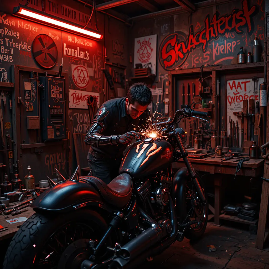 Gang mechanic welding spikes onto cruiser bike in workshop