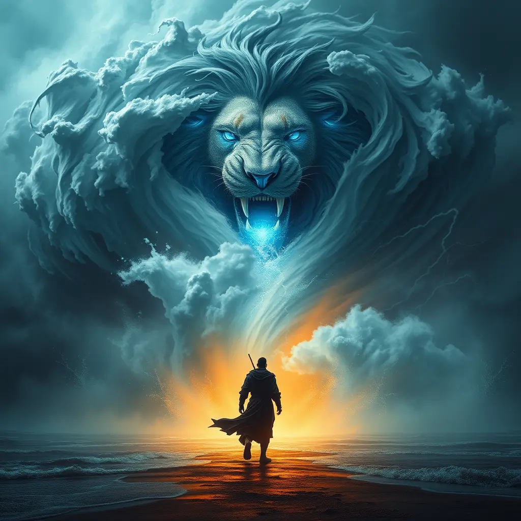 Thunderstorm Sea With Mythical Lion And Lone Warrior
