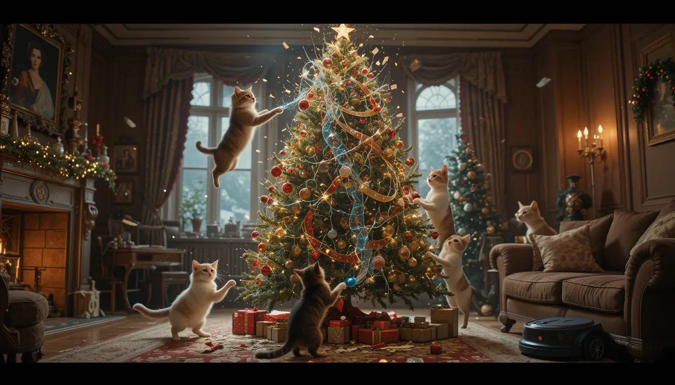 Playful cats attacking a decorated christmas tree